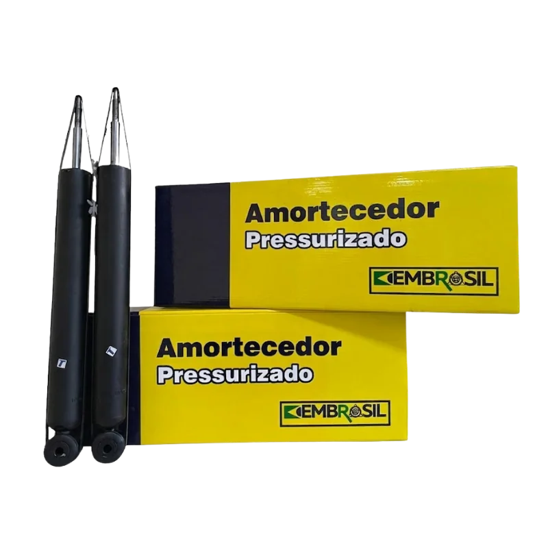Par de amortecedores pressurizados Embrasil ao lado das embalagens amarelas