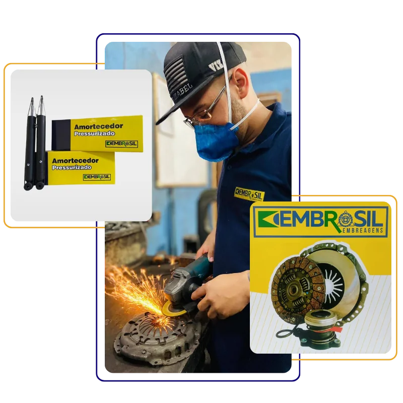 Técnico da Fábrica Embrasil remanufaturando um platô de embreagem, ao lado das embalagens de amortecedor e embreagem